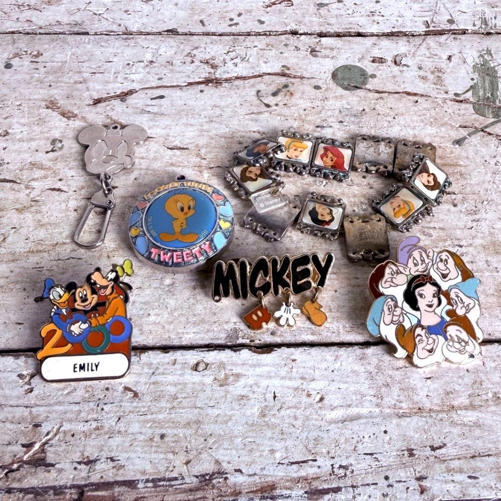 Vintage Disney Looney Tunes Pin‎ Lot Princess Bracelet Tweety Locket Mickey 2000
